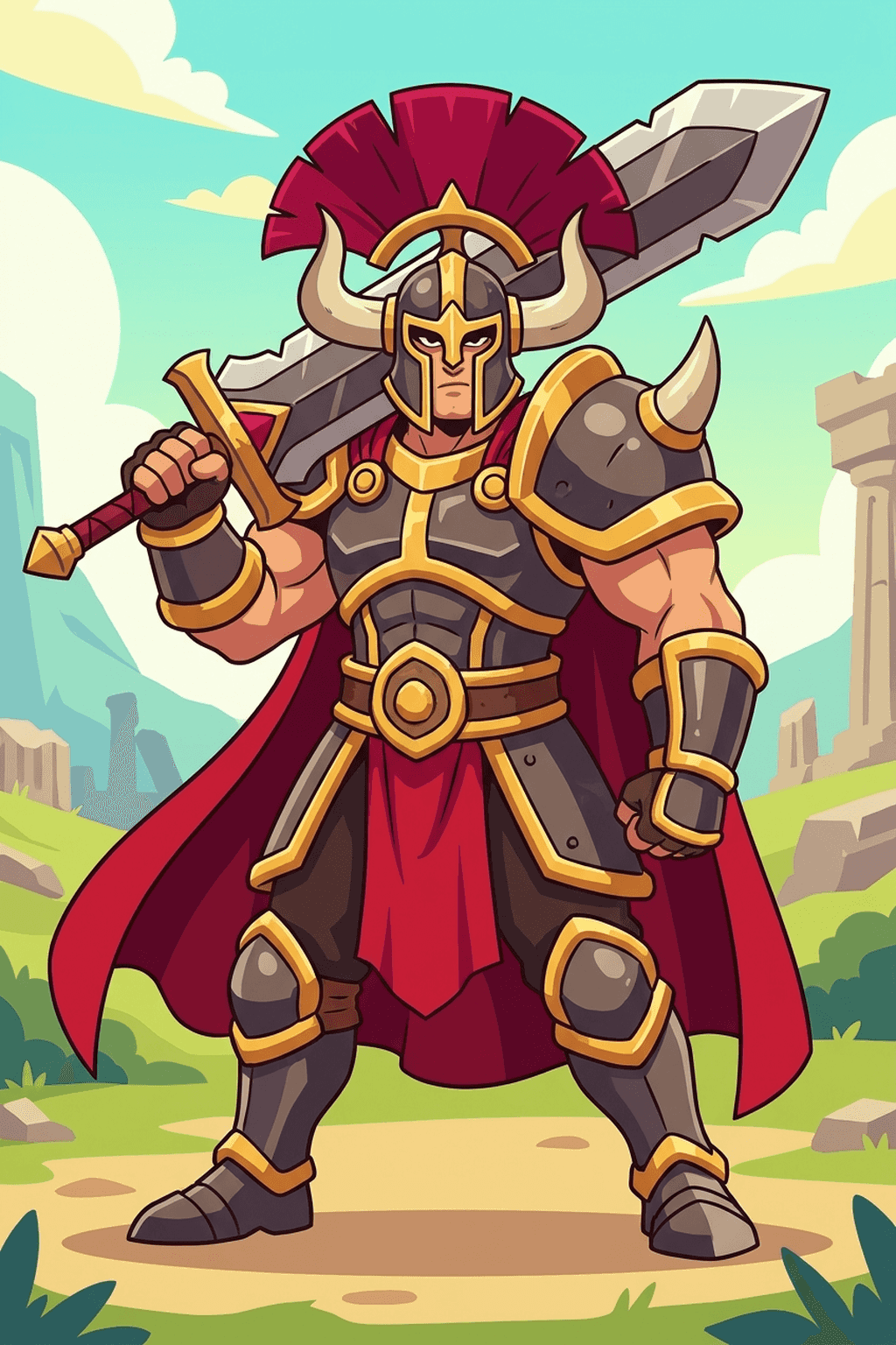 Classic male Iop warrior in traditional plate armor, heroic pose