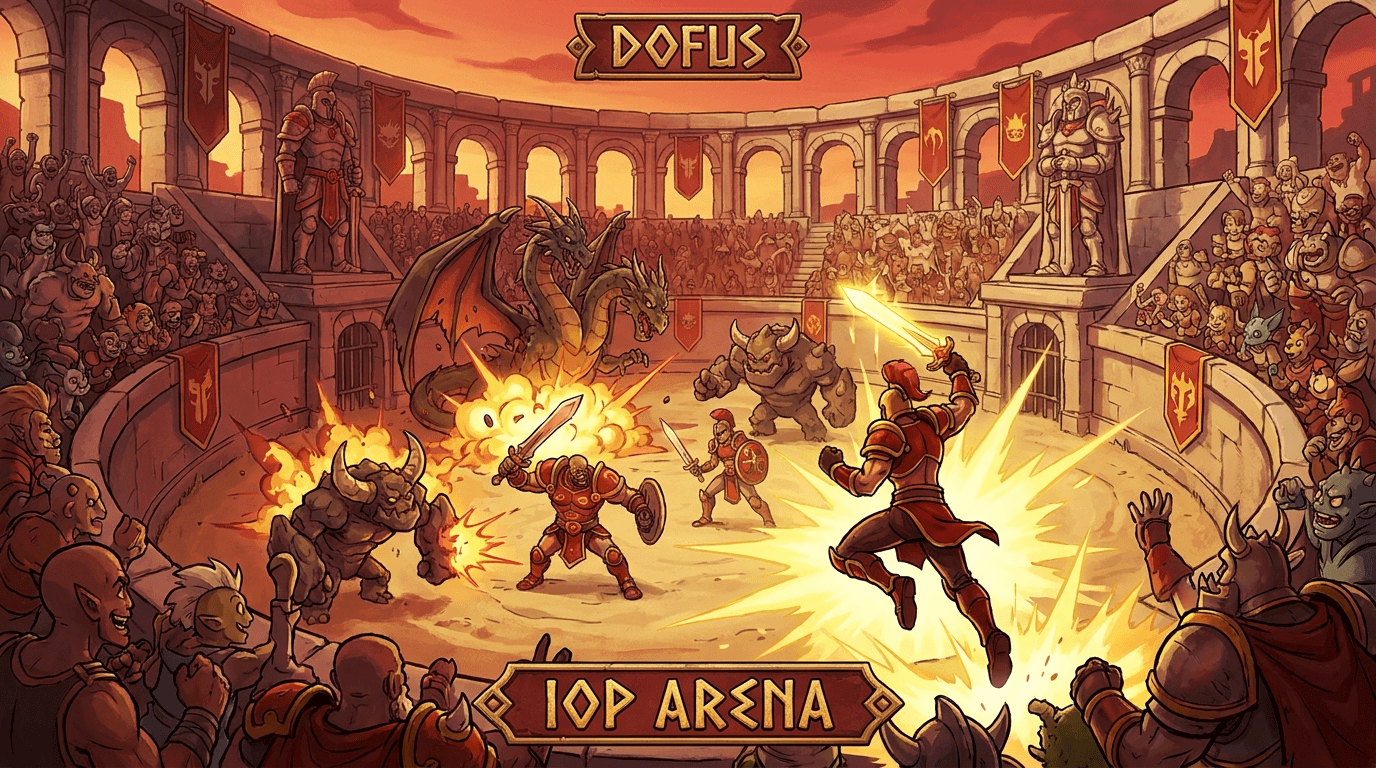 Epic Iop arena battle — warriors clash in a grand colosseum